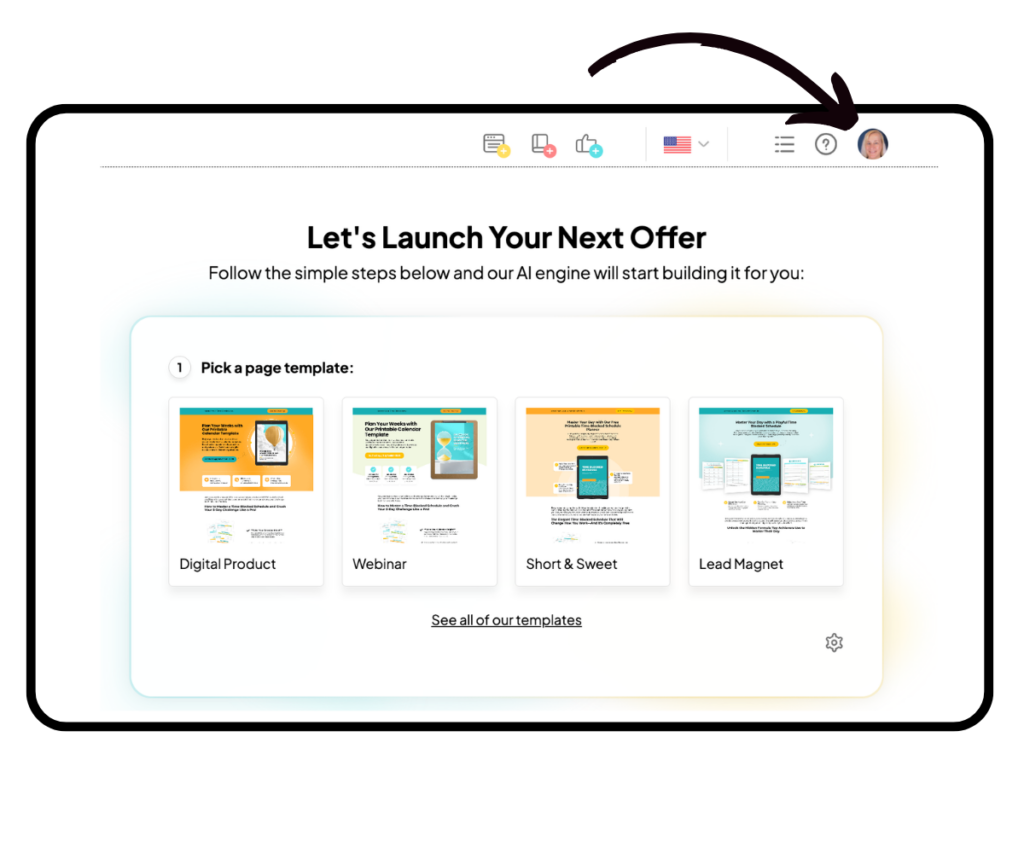 Screenshot of Pagewheel dashboard with arrow pointing at the profile avatar.