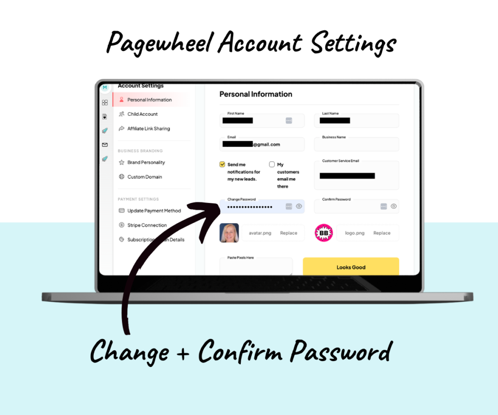 Laptop mockup with Pagewheel account settings and arrow pointing to the Change Password field
