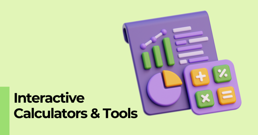 "Interactive Calculators & Tools" text with calculator and graph icon on a green background