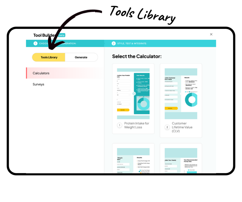 "Tools Library" text with arrow pointing to laptop screen of the Tool Builder