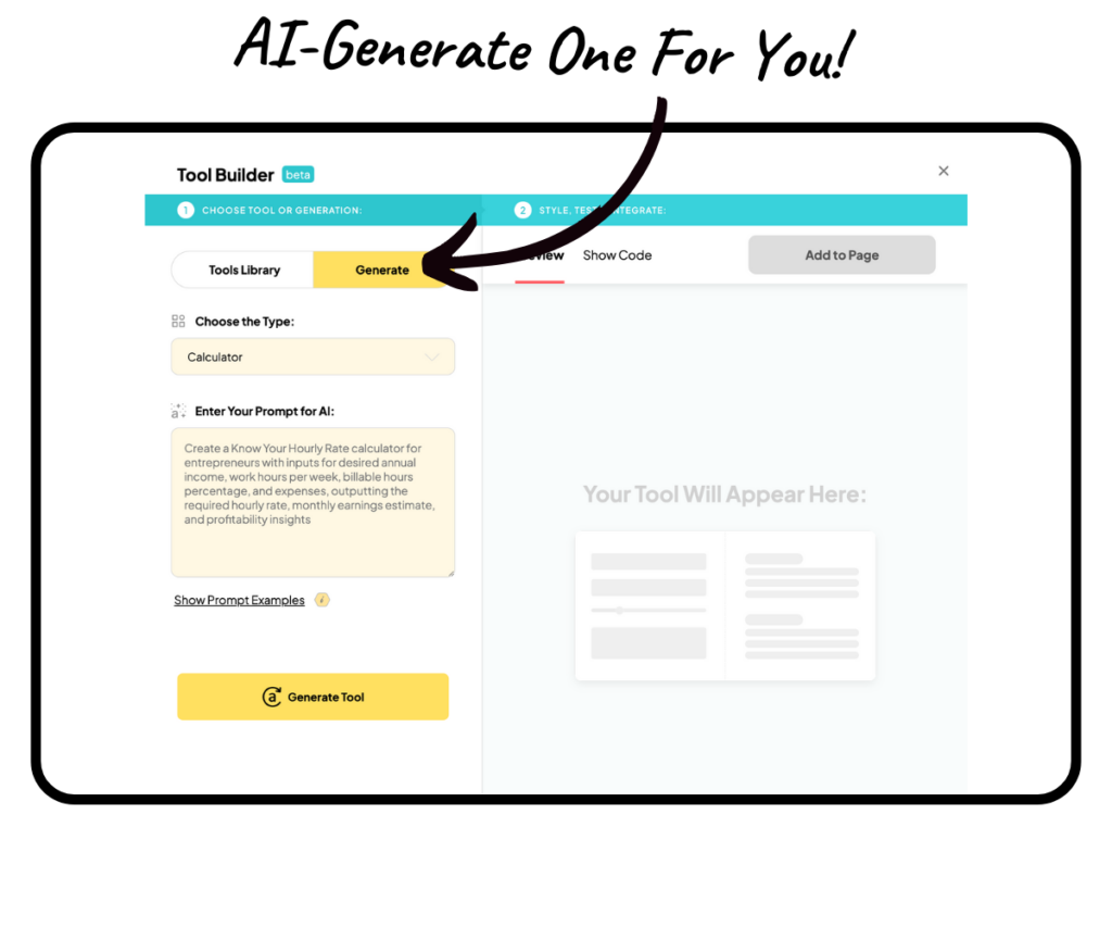 "AI-Generate one for you" text with arrow pointing to laptop screen of the Tool Builder