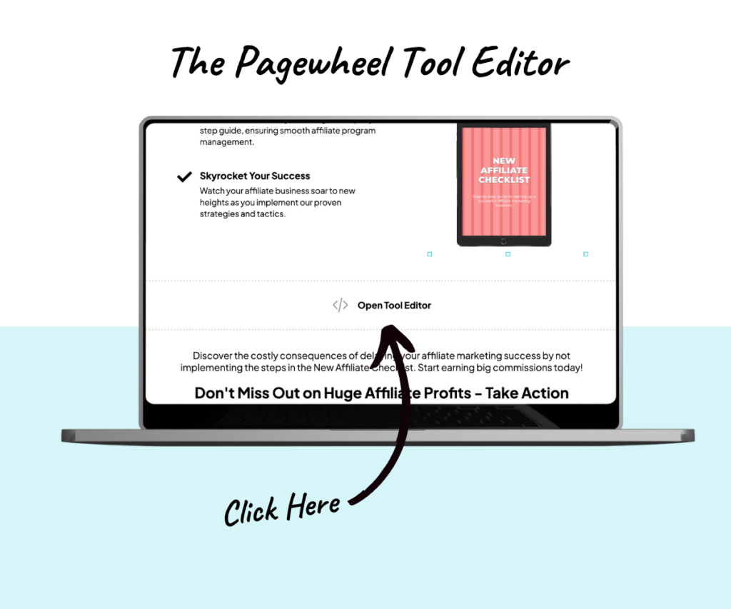 The Pagewheel tool editor text over a laptop mockup showing the tool editor section on a Pagewheel website sales page