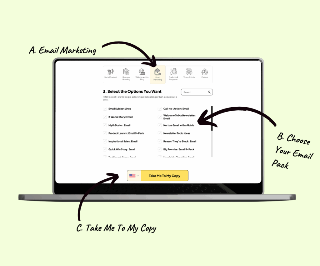 laptop mockup showing how to find Pagewheel's email copy packs
