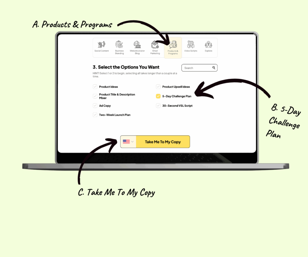 Laptop mockup showing Pagewheel Copy Packs and arrows showing how to find the 5-Day Challenge plan