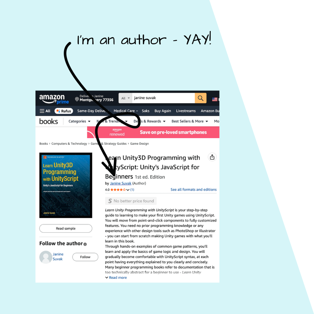screenshot of Janine's book on Amazon, with an arrow pointing to her name and the words "I'm an author - YAY!"