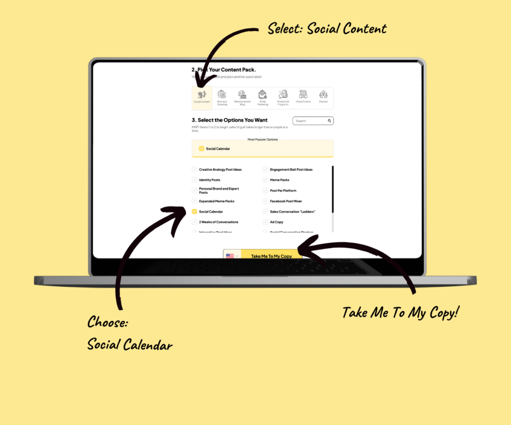 Laptop mockup with screen shot of the Copy Packs dashboard with steps for creating a social media calendar