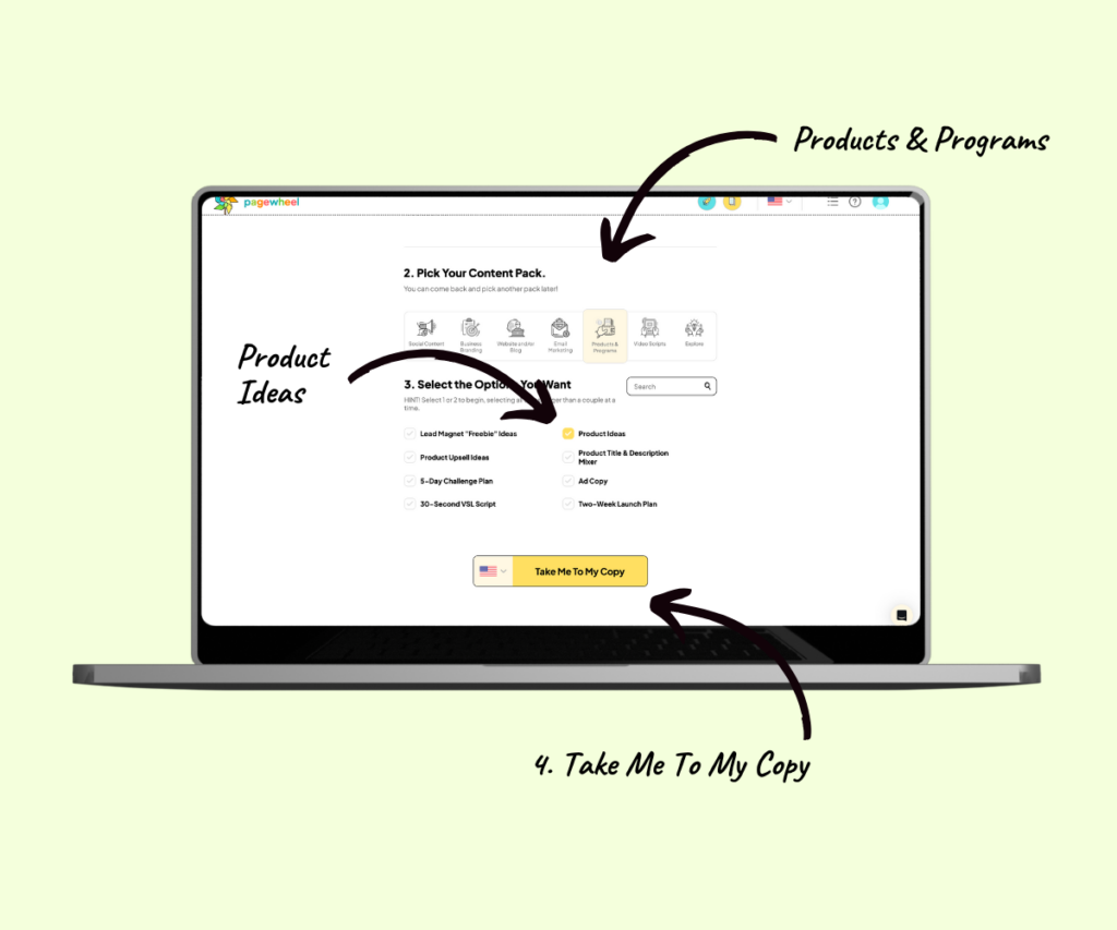 Laptop mockup. showing the steps to create lead magnet ideas from the copy packs dashboard