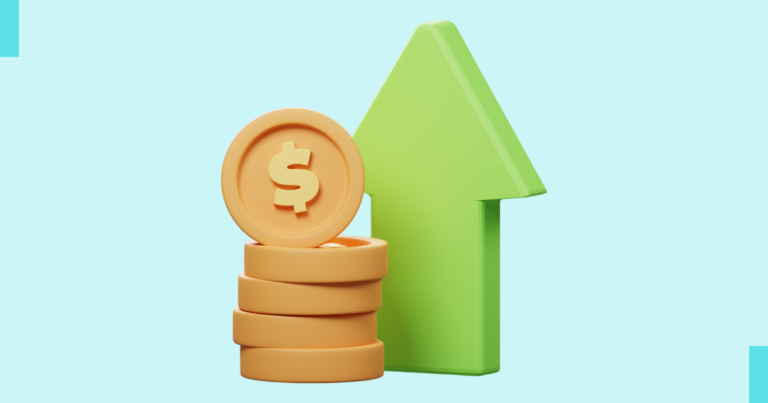 stack of coins next to a green arrow pointing up