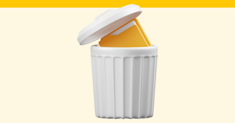 A simple stylized graphic of a file in a trash can.