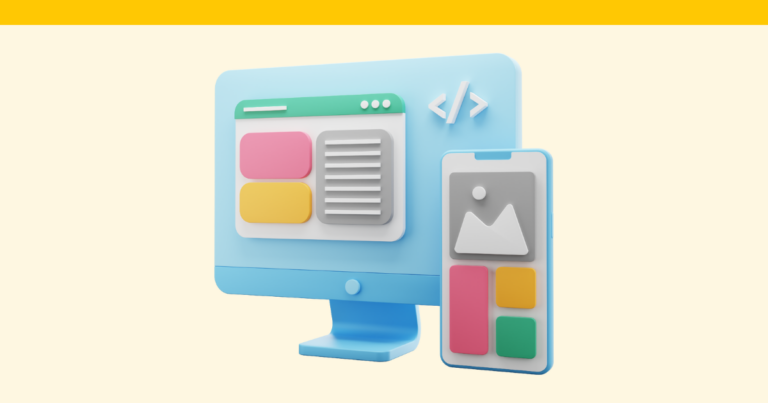 A simple stylized graphic of a computer monitor and phone. Both screens are displaying page editing software.