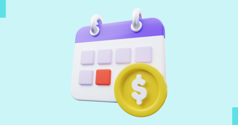 A simple stylized graphic of a calendar with a dollar coin.