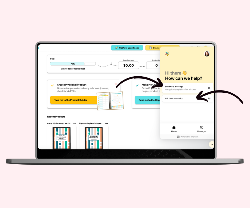 A screenshot showing how to send a message or ask the community in Pagewheel’s help chat window.