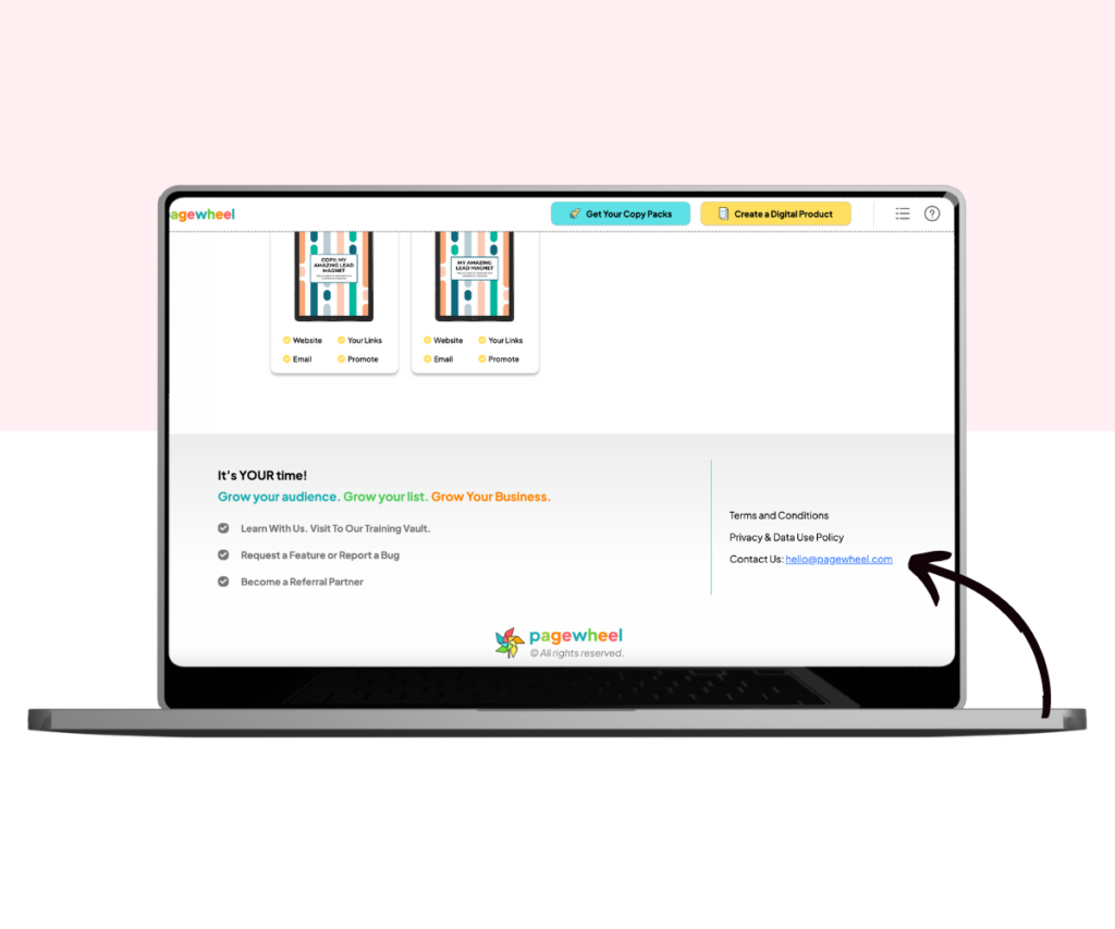 A screenshot showing how to contact Pagewheel by email.