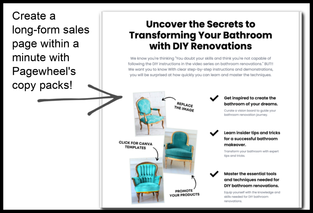 Create a long form sales page in Pagewheels copy packs