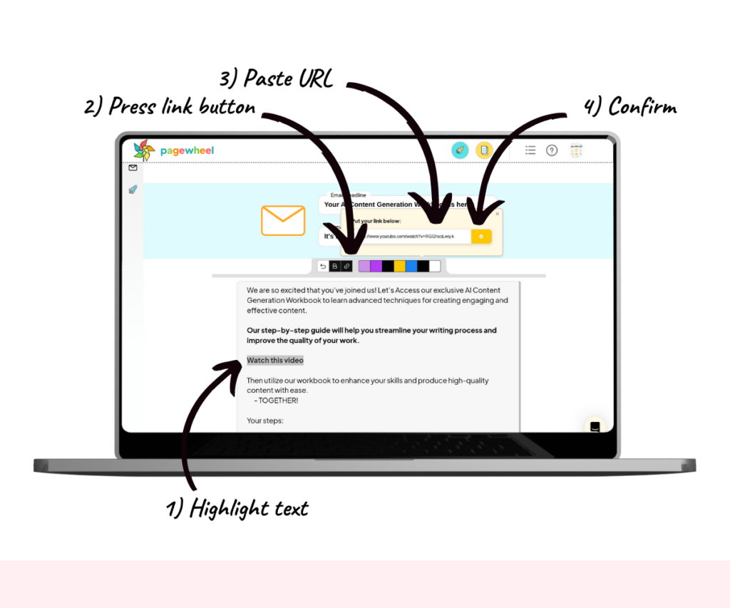 An annotated screenshot showing how to add a link.