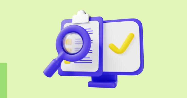 green background with a computer monitor/checklist/overlayed magnifying glass icon