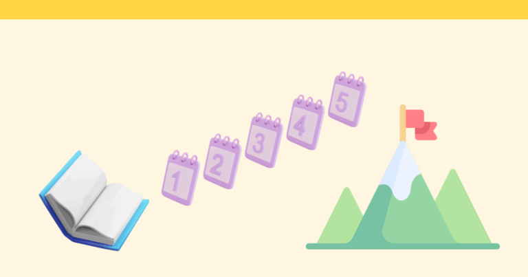 image of book and five calendar days ascending a mountain with a flag on top