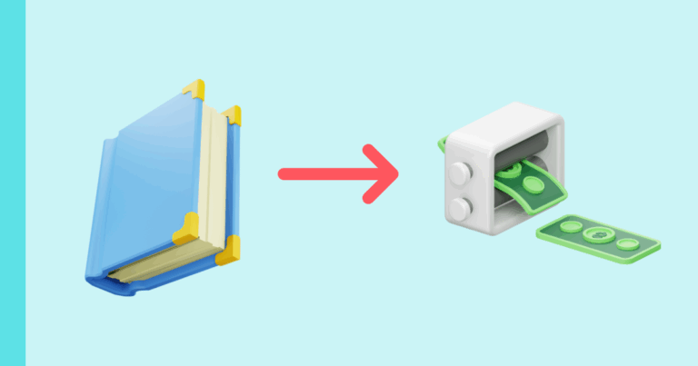 book icon pointing to a dollar counting machine