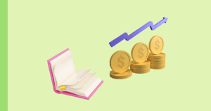 Book and coin stack bar graph with ascending purple arrow
