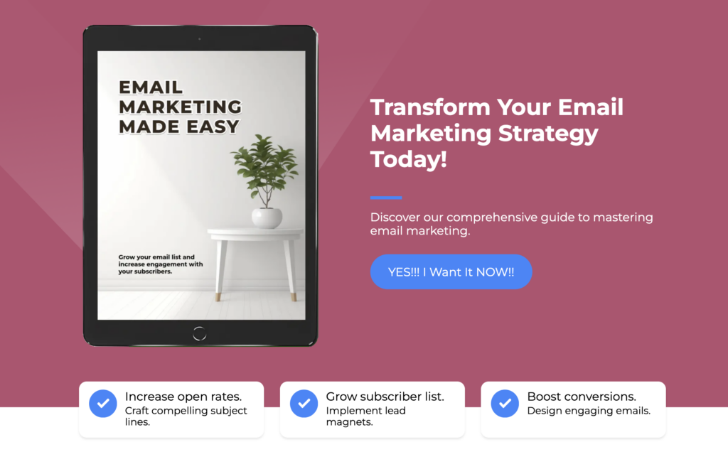 screen shot of hero section for Email Marketing Made Easy lead magnet